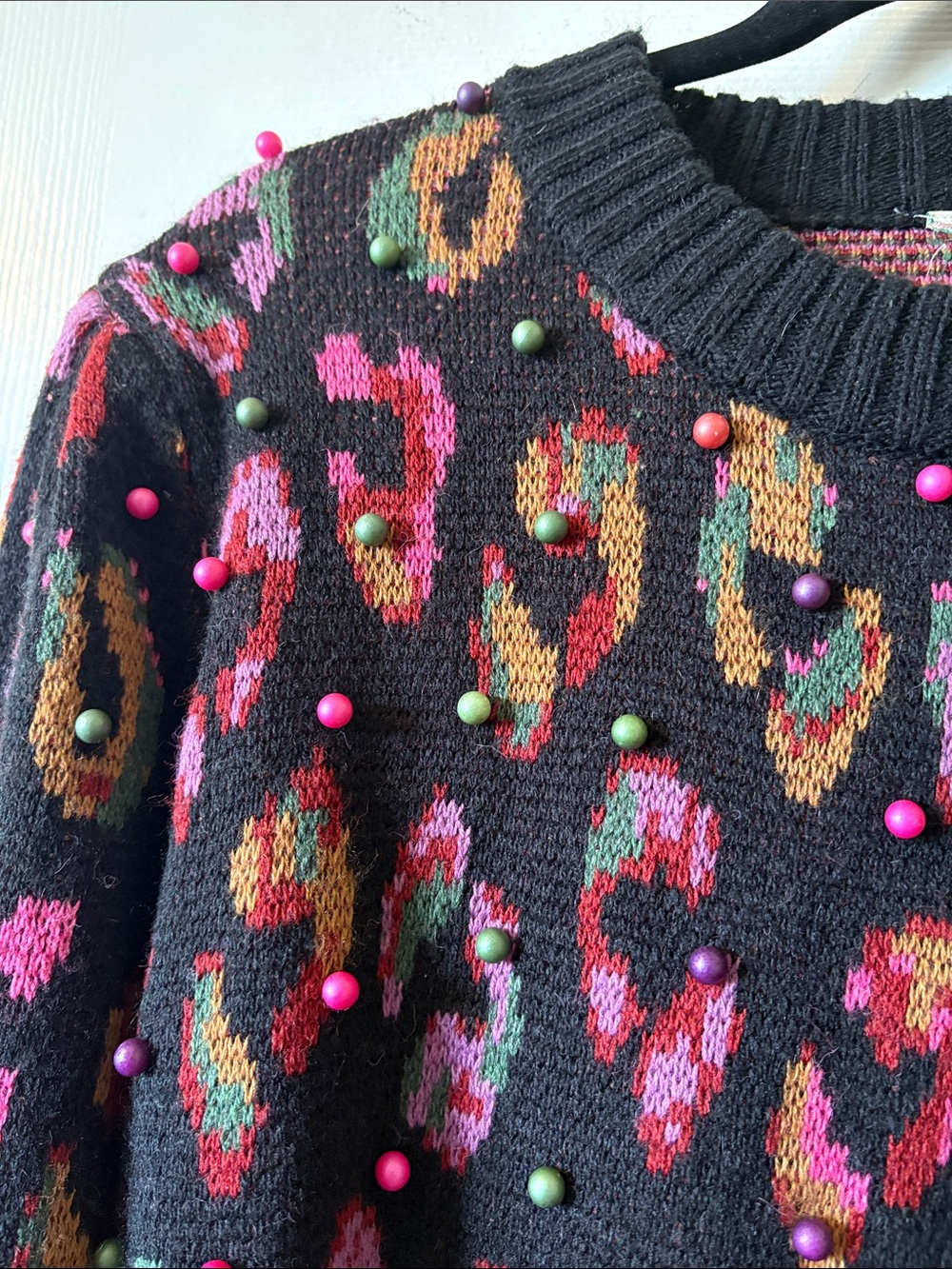 FARM Rio Black Ikat Dyed Leopard Ball Sweater size L - Picture 10 of 11